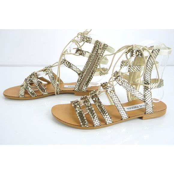 Steve Madden Gold Snake Lace up Gladiator Strappy Sandals Size 5.5 Flat - Picture 2 of 11